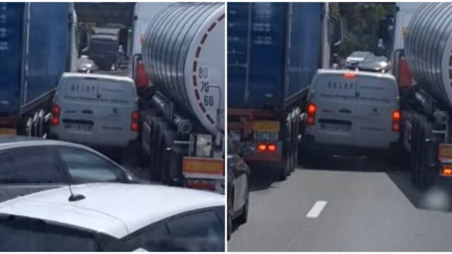 Εγκλωβισμός σοκ στην Εθνική: Λευκό βαν «παγιδεύτηκε» ανάμεσα σε νταλίκα και βυτιοφόρο! Η εφιαλτική εικόνα που κόβει την ανάσα