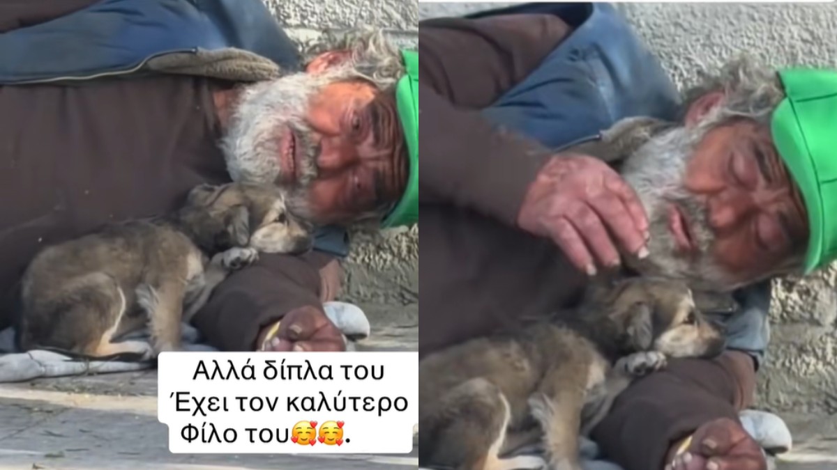 Συγκινητικό: Άστεγος στο κέντρο της Αθήνας κοιμάται αγκαλιά με αδέσποτο σκυλάκι