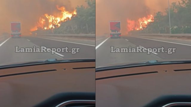 Εικόνες-σοκ στο Ακραίφνιο: Φορτηγά και ΙΧ περνούν μέσα από τις φλόγες στην Εθνική Οδό