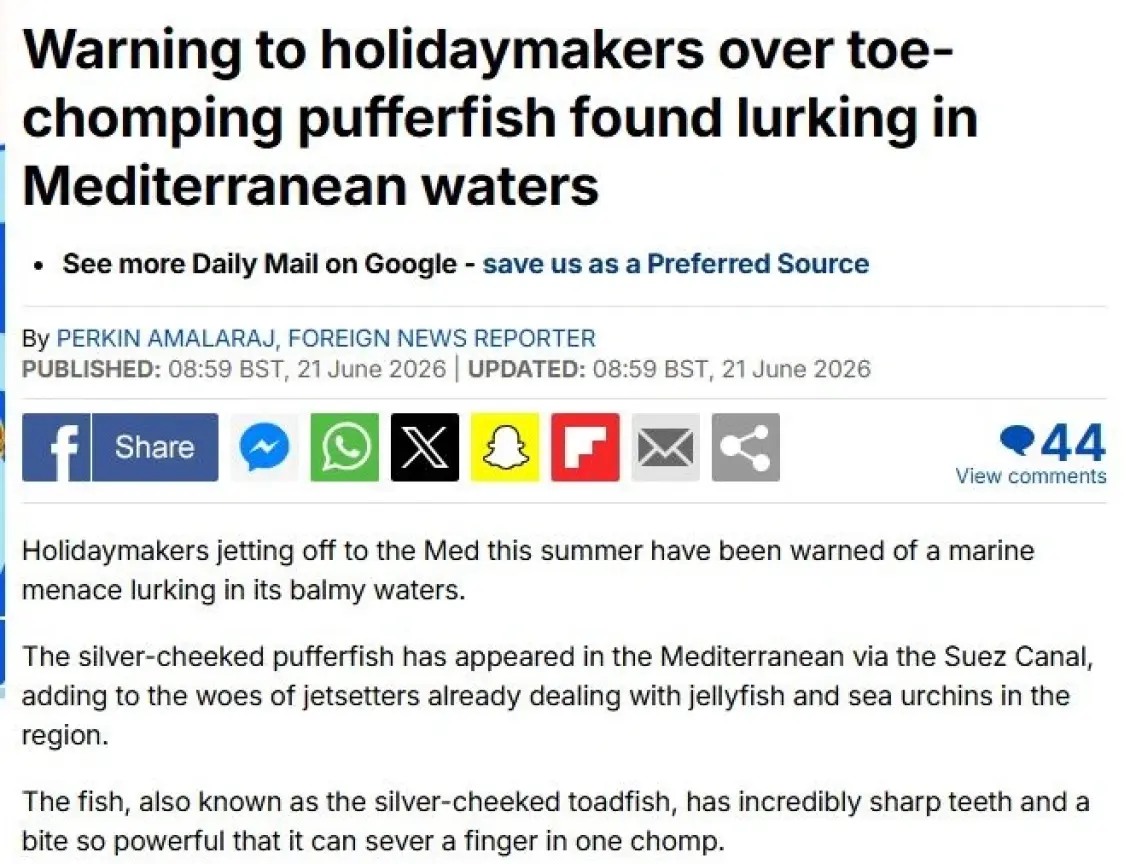 Το δημοσίευμα της Daily Mail για τον λαγοκέφαλο