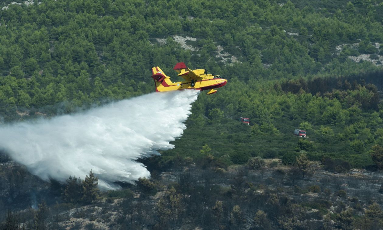 Ισχυρές επίγειες και εναέριες δυνάμεις της πυροσβεστικής δίνουν μάχη με τις φλόγες στην αγροτοδασική περιοχή