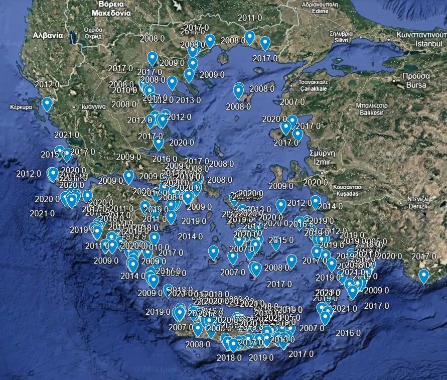 Ο διαδραστικός χάρτης του δικτύου ELNAIS αποτυπώνει την απόλυτη κυριαρχία που έχουν αποκτήσει οι λαγοκέφαλοι στο Αιγαίο και την Ανατολική Μεσόγειο μέσα σε δύο δεκαετίες.