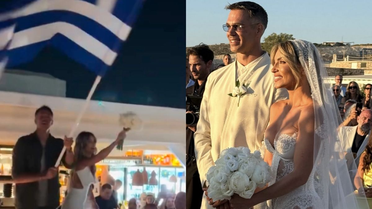 Οικονομάκου – Τσερέλα: Το φινάλε του γάμου τους στην Πάρο με Ζορμπά – Πέταξαν την ανθοδέσμη, χόρεψαν με την ελληνική σημαία