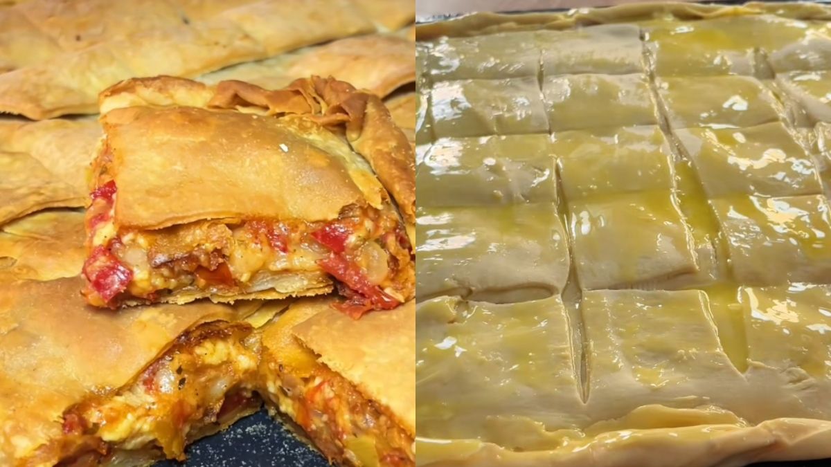 Χειροποίητη ντοματόπιτα με τραγανό χωριάτικο φύλλο και πλούσια γέμιση με φέτα και κασέρι