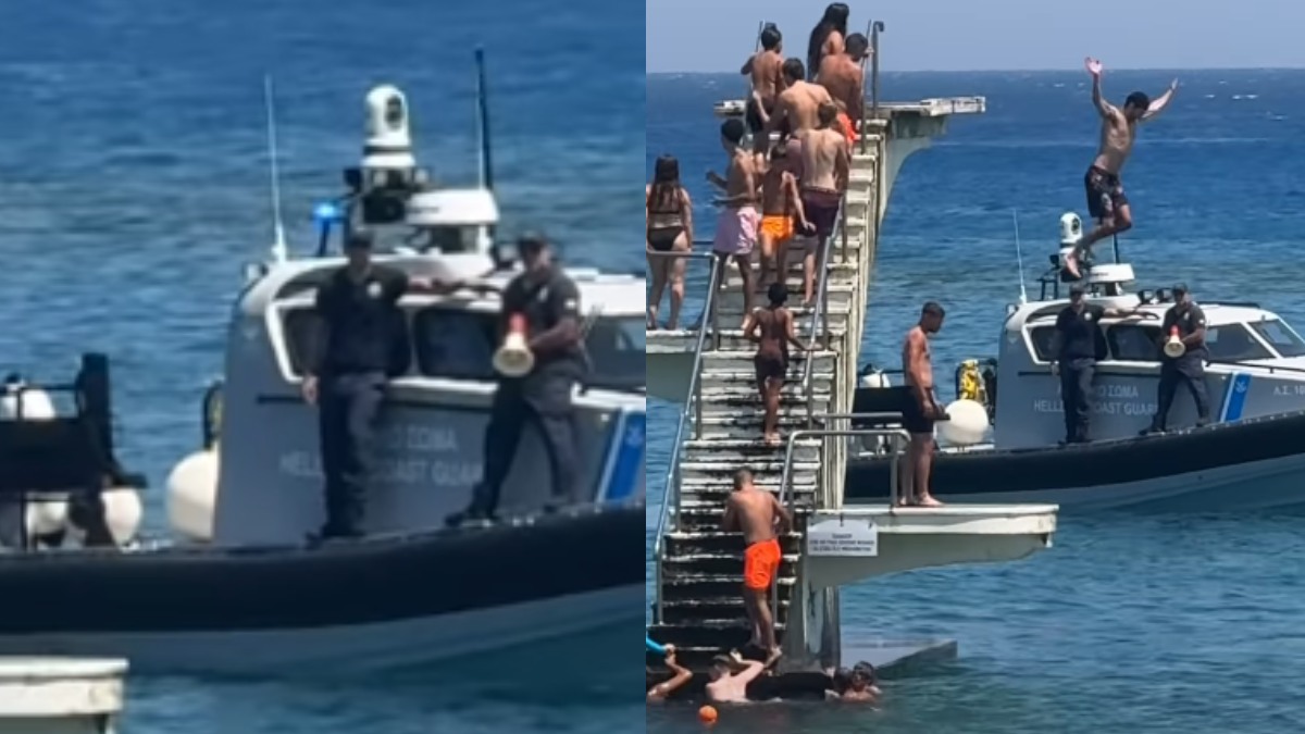 Σάλος στην Ρόδο: Το Λιμενικό προσπαθεί να απομακρύνει λουόμενους από το σφραγισμένο τραμπολίνο αλλά συνέχιζαν τις βουτιές – Βίντεο
