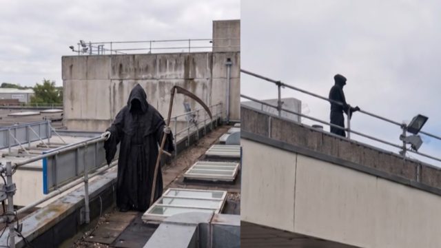 Βίντεο: Άνδρας ντυμένος… χάρος ανέβηκε σε ταράτσα νοσοκομείου και κοιτούσε τους ασθενείς