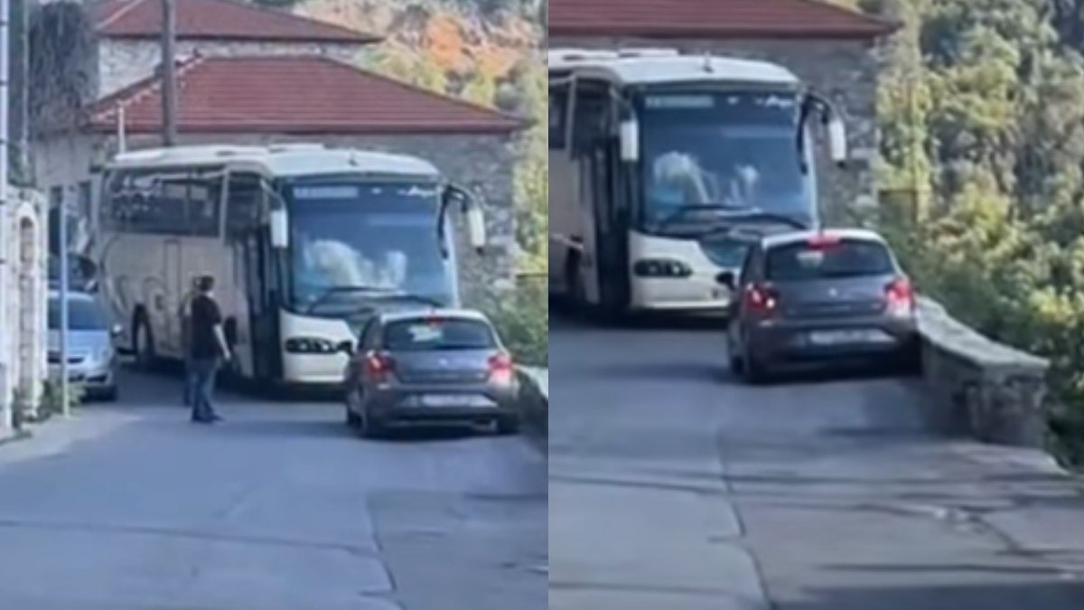 «Δεν ξέρεις να οδηγείς!»: Αυτοκίνητο και λεωφορείο δεν χωρούσαν και… το βίντεο έχει γίνει viral σε όλη την Ελλάδα