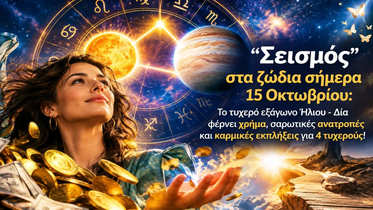 «Σεισμός» στα ζώδια σήμερα (15/10): Το τυχερό εξάγωνο Ήλιου – Δία φέρνει χρήμα, σαρωτικές ανατροπές και καρμικές εκπλήξεις για 4 τυχερούς!