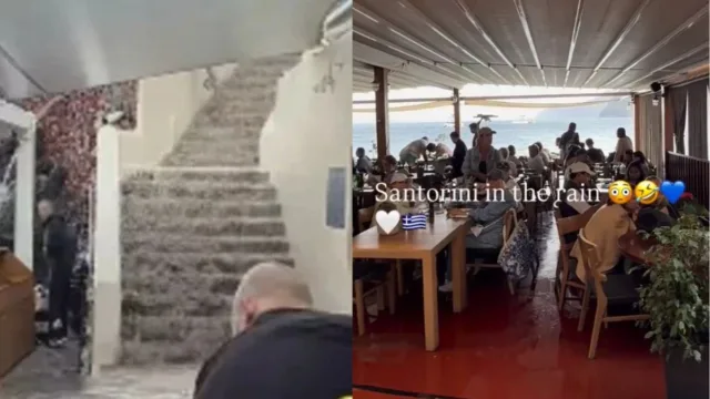 «Ντροπή και αδιαφορία!»: Εργαζόμενοι στη Σαντορίνη δίνουν μάχη με τα νερά ενώ πελάτες πίνουν καφέ (ΒΙΝΤΕΟ)